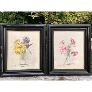 Pair Of Bouquets Of Flowers By Charles Jung Born In Lyon, 19th Century