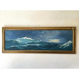 Faget Germain Large Oil On Panel: Waves At Tipaza, Seascape