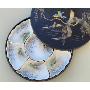 Boîte ronde à condiments, laque et porcelaine Japon