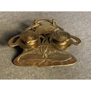 Encrier en bronze aux nénuphars ou lotus, époque Art Nouveau par Geschützt Autriche Vienne