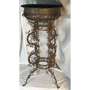 Wrought Iron Basin Base, Italy, Venice, 17th Century, And Copper Planter Basin