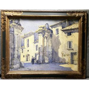 Villeneuve les Avignon par Antoine Vincent grande aquarelle vers 1930