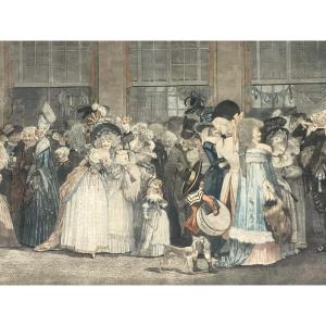 Royal Palace Gallery: Large Engraving By Debucourt, 18th Century