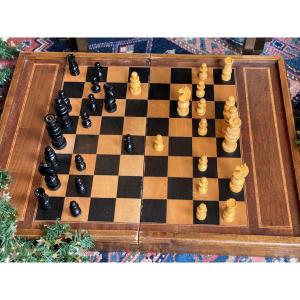 Jeu de jacquet, coffret complet avec échiquier, pièces et pions, dit aussi backgammon, TricTrac