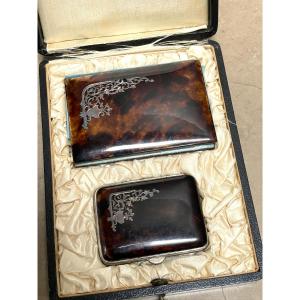 Nécessaire, carnet de bal et portemonnaie en écaille et argent XIXème Époque Napoléon III