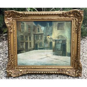 Malines Flandres  place enneigée par Jan Kennis, grande huile sur toile