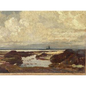 Marée basse devant le phare d’Ouessant, mer d’Iroise par Léon Broquet