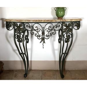 Provençal Wrought-iron Console Table With Brocatelle Marble, Louis XV Style