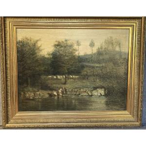 Les lavandières, paysage XIXème école de Barbizon