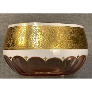 Coupe cristal overlay ambre et opaline, frise dorée scène historiée mythologique - Saint Louis