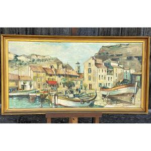 Port Of Saint-chamas, étang De Berre, Provence, Large Oil Painting By Roger Dumax 