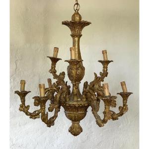 Large Gilded Wooden Chandelier From The Florentine Firm Chelini, Italy
