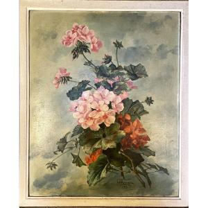 Bouquet Of Geranium Flowers By G. Ponson, Dated 1913