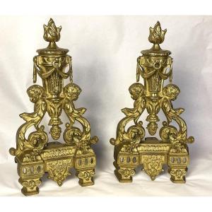Pair Of Bronze Andirons Decorated With Cherubs And Putti, From The Napoleon III Period