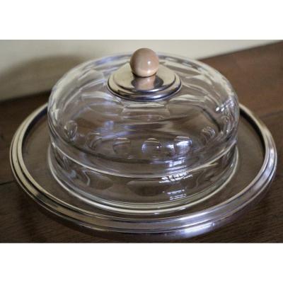 Art-deco Butter Bowl In Cut Crystal And Silver, Ivory Grip, Circa 1930