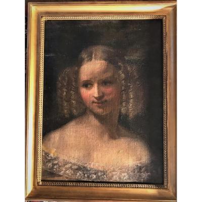 Portrait de jeune femme aux anglaises XIXème siècle