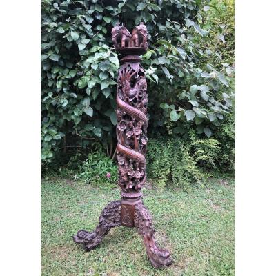 Bolster, Column, Solid Wood Carved Elephants, Dragon ... XIXth Asia