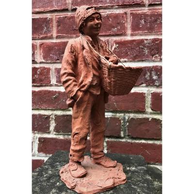 Terracotta Sculpture: Young Man In Rags Carrying A Basket