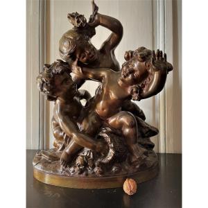 sculpture en bronze  putti jouant avec des fleurs par Raphaël Charles PEYRE XIXème
