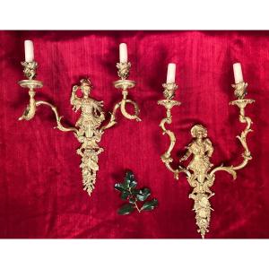 Pair Of Troubadour Sconces In Gilded Bronze, Maison Baguès