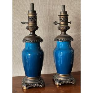 Pair Of Napoleon III Bronze-mounted Blue Earthenware Lamps