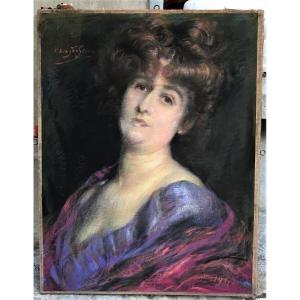 Grand pastel de 1911 portrait de femme par Henry de Groux