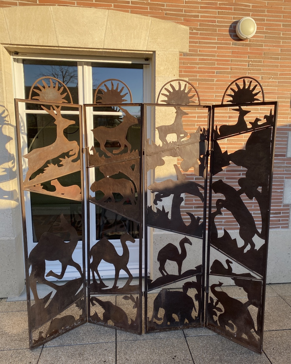 4 Panel Metal Screen With Animal Decor From The 70s