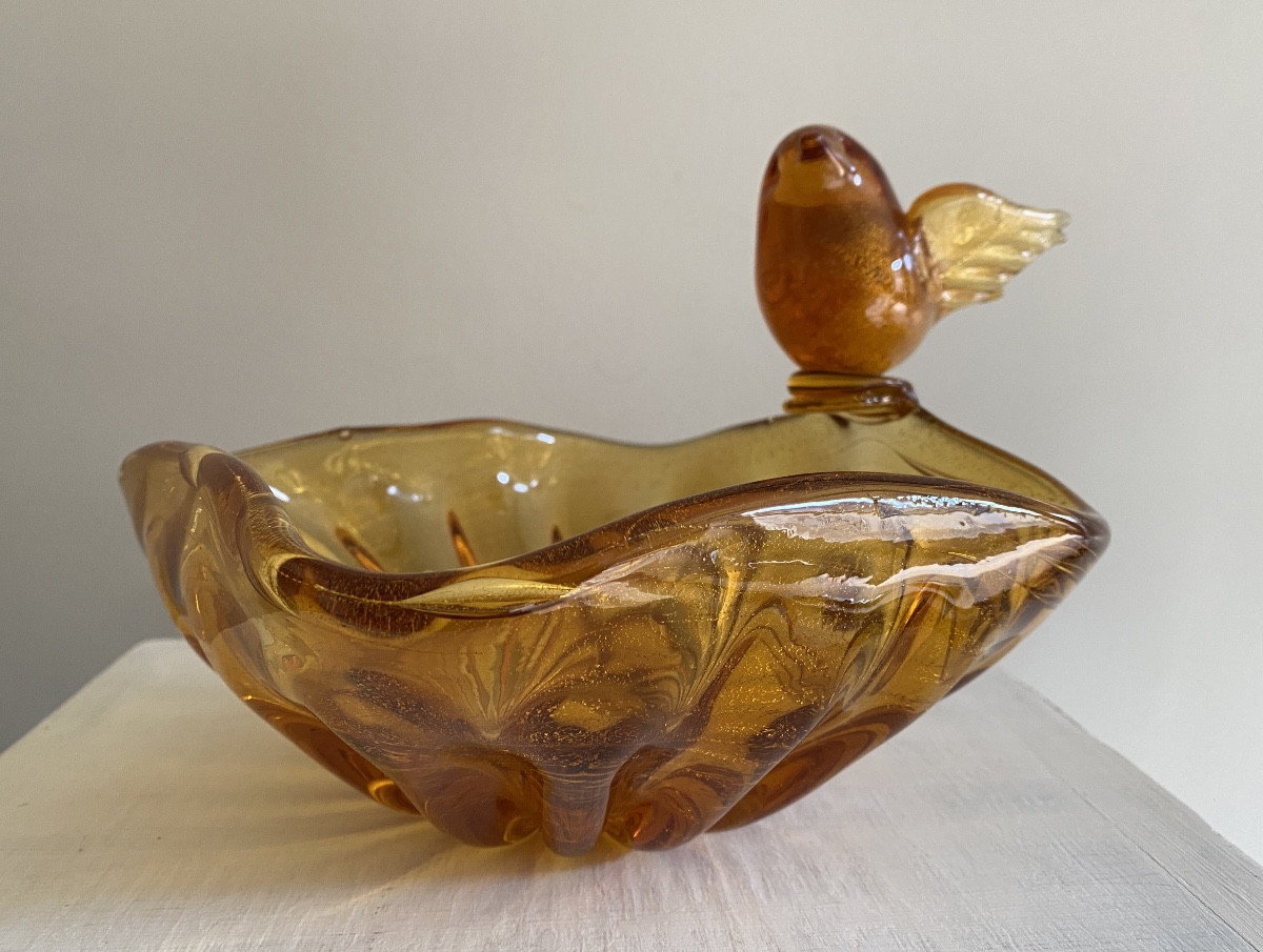 Vide poche, coupe en verre de Murano surmonté d'un oiseau-photo-3