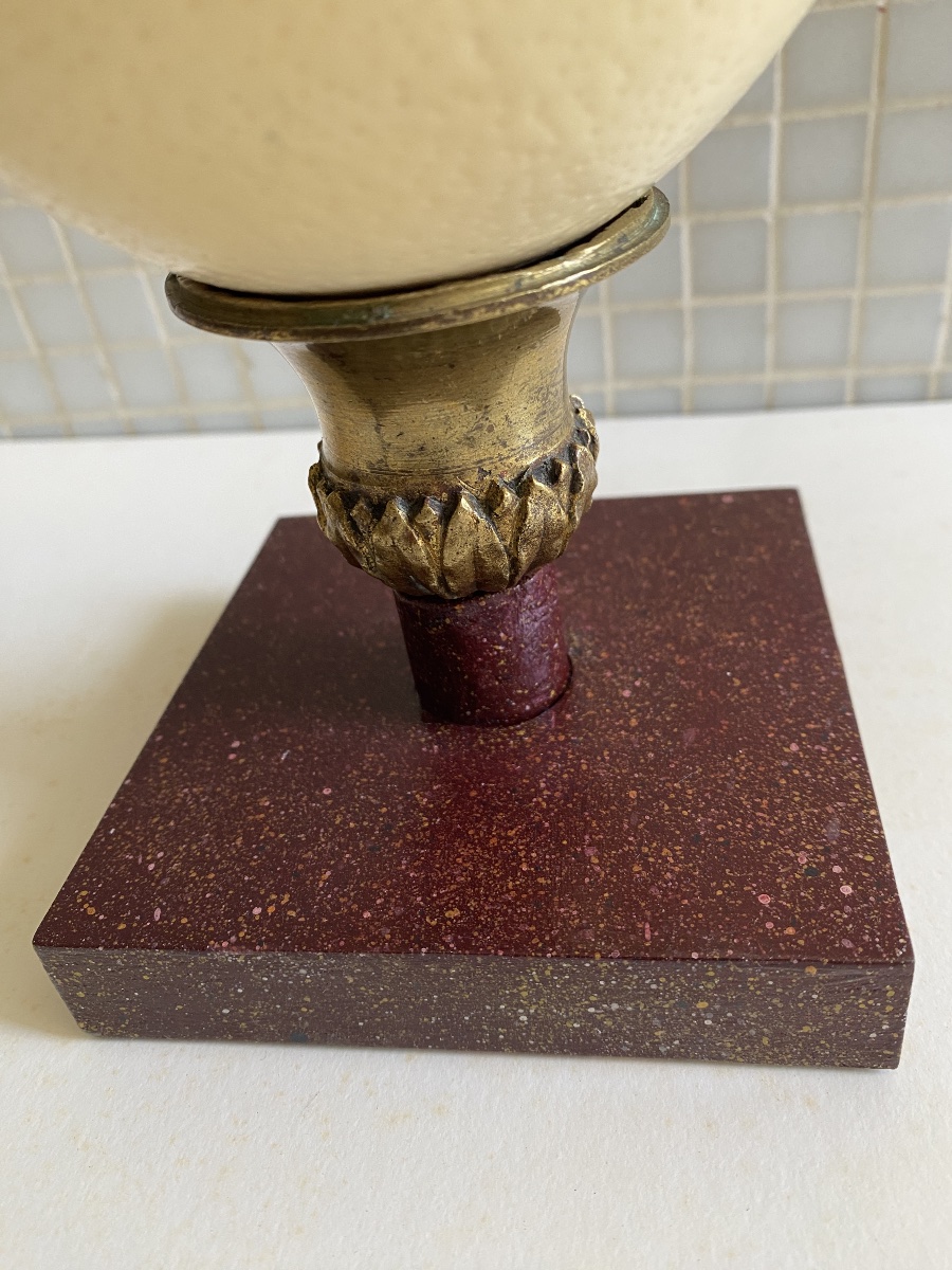 Ostrich Egg Mounted On A Cylindrical Bronze Base.-photo-2