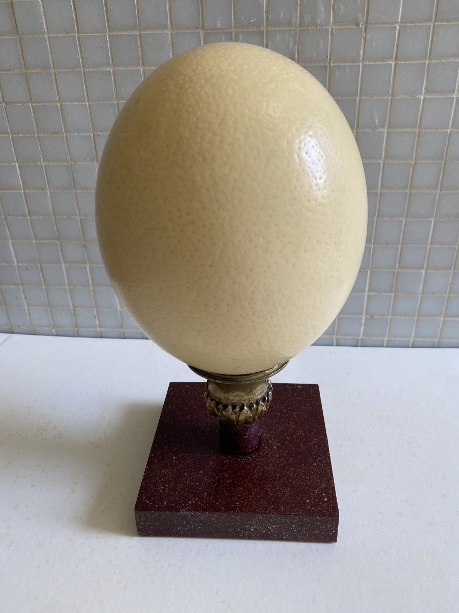 Ostrich Egg Mounted On A Cylindrical Bronze Base.