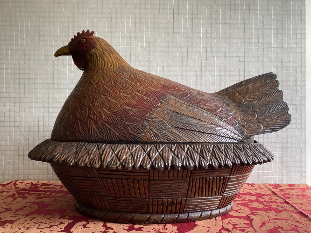 Hen On A Wooden Basket, Folk Art Style 