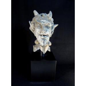 Satyr's Head, Sculpture In White Metal (lead And Tin)