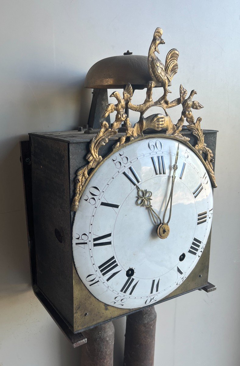 Jolie Mécanisme d'Horloge Comtoise à une cloche et décor au coq, XVIIIème siècle.-photo-4