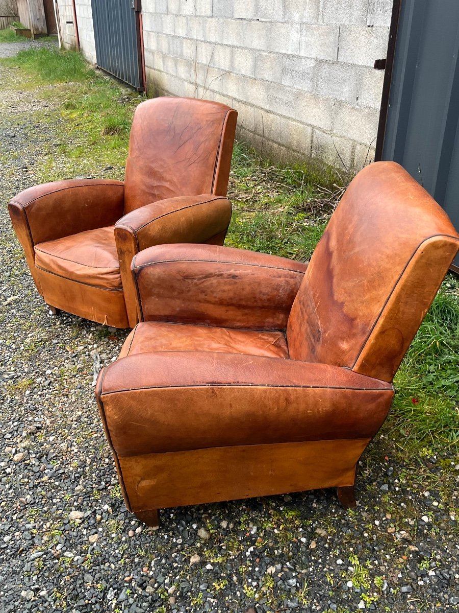 Pair Of Leather “club” Armchairs, Circa 1940.-photo-4