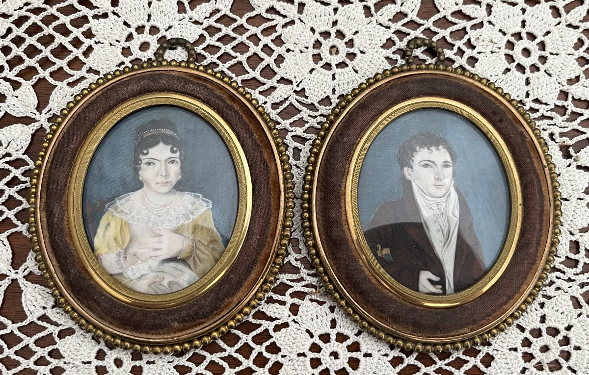 Pair Of Miniatures On Paper From The Empire - Restoration Period, Early 19th Century.