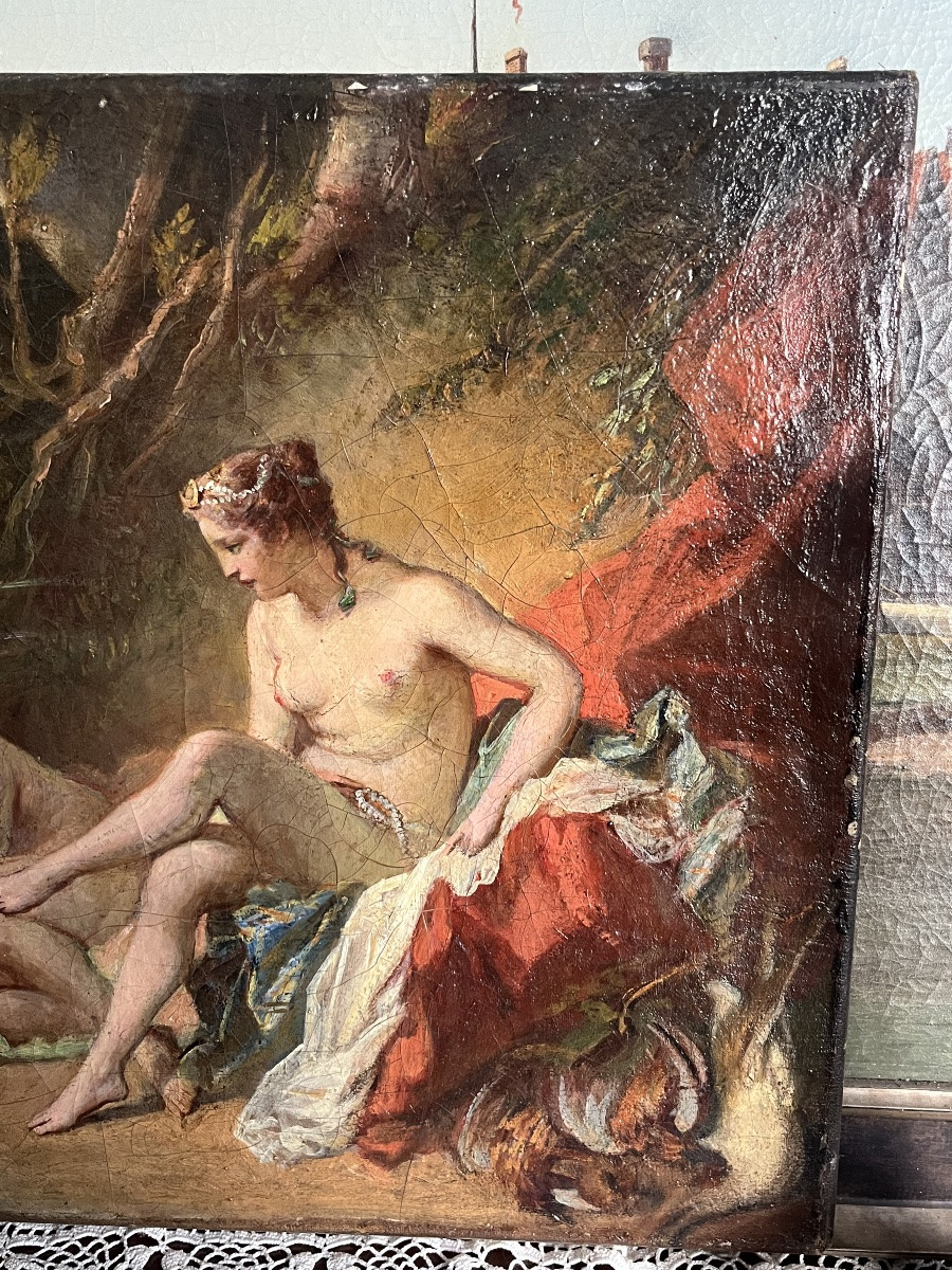 École française d’après François BOUCHER (1703-1770) Huile sur toile « Diane sortant du bain ».-photo-2