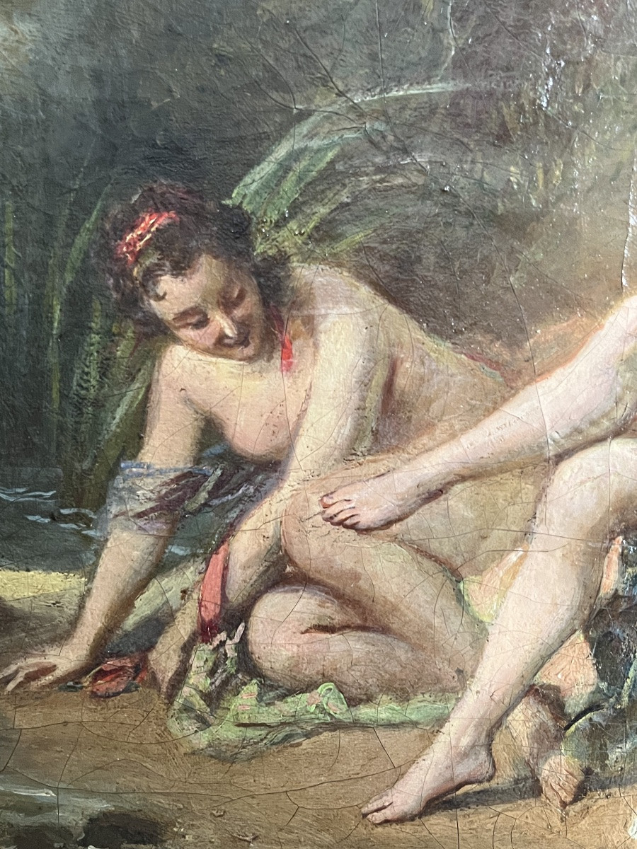 École française d’après François BOUCHER (1703-1770) Huile sur toile « Diane sortant du bain ».-photo-1
