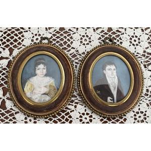 Paire de miniatures sur papier d’époque Empire - Restauration, début du XIXème siècle.
