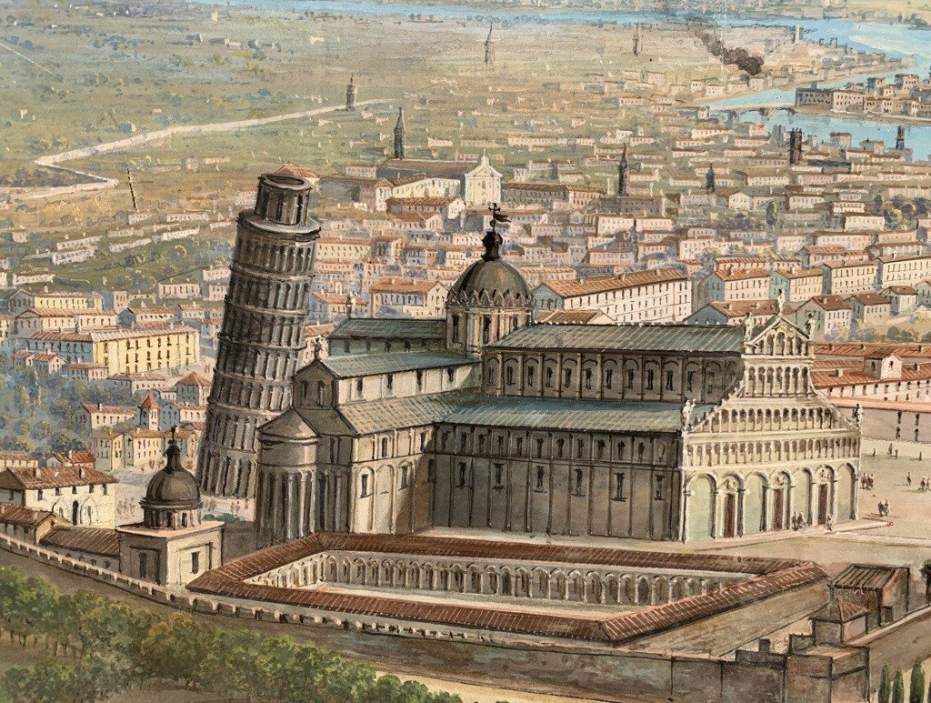 Italian Painter (late 19th Century) - Pisa, Bird's Eye View With The Leaning Tower-photo-3