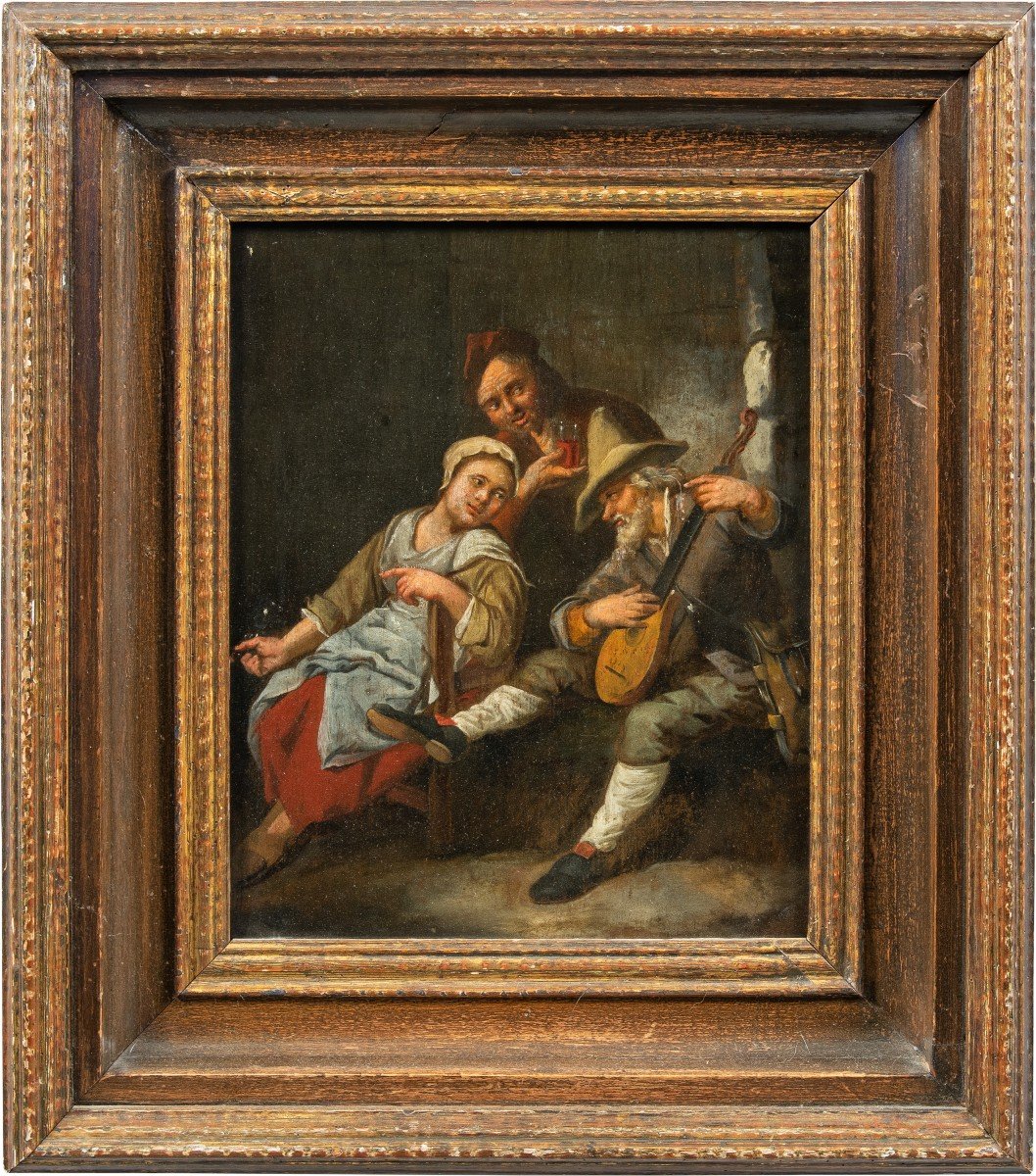 Peintre Hollandais (xviiie Siècle) - Intérieur d'Une Taverne Avec Joueur De Mandoline.