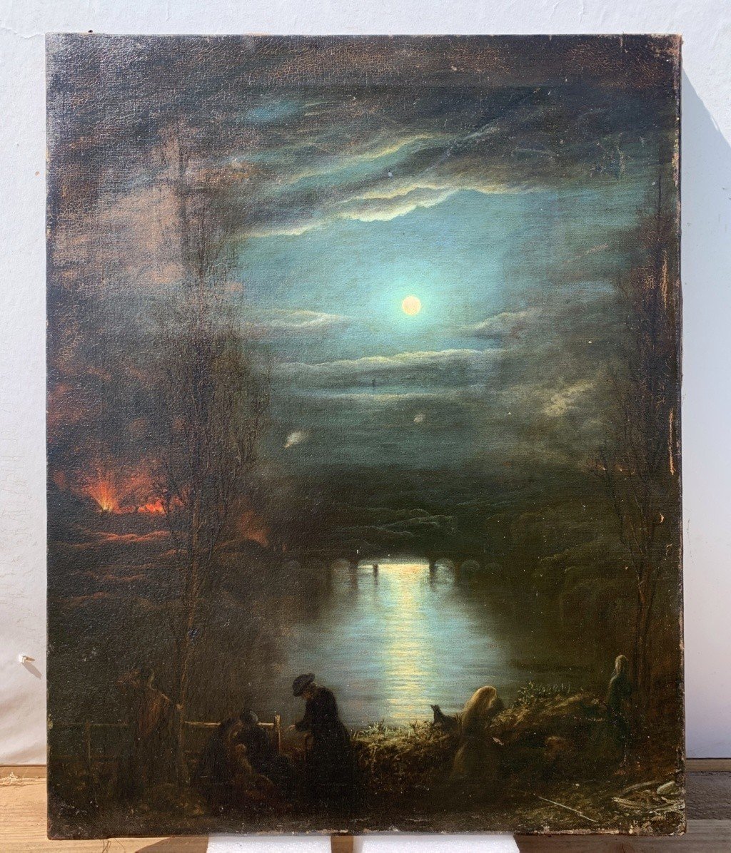Italian Painter (early 19th Century) - Moonlight Landscape With Fire.-photo-2