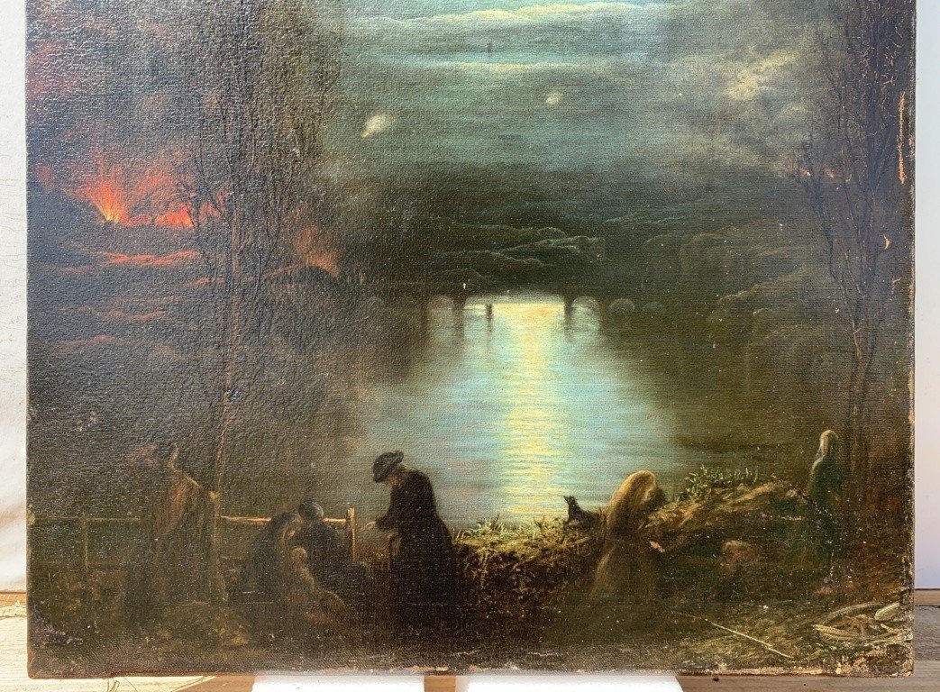 Italian Painter (early 19th Century) - Moonlight Landscape With Fire.-photo-3