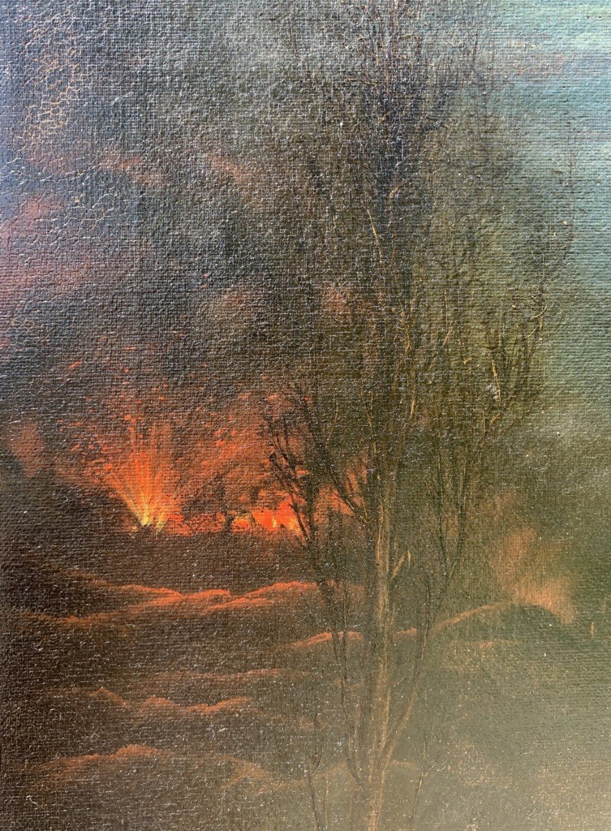 Italian Painter (early 19th Century) - Moonlight Landscape With Fire.-photo-4