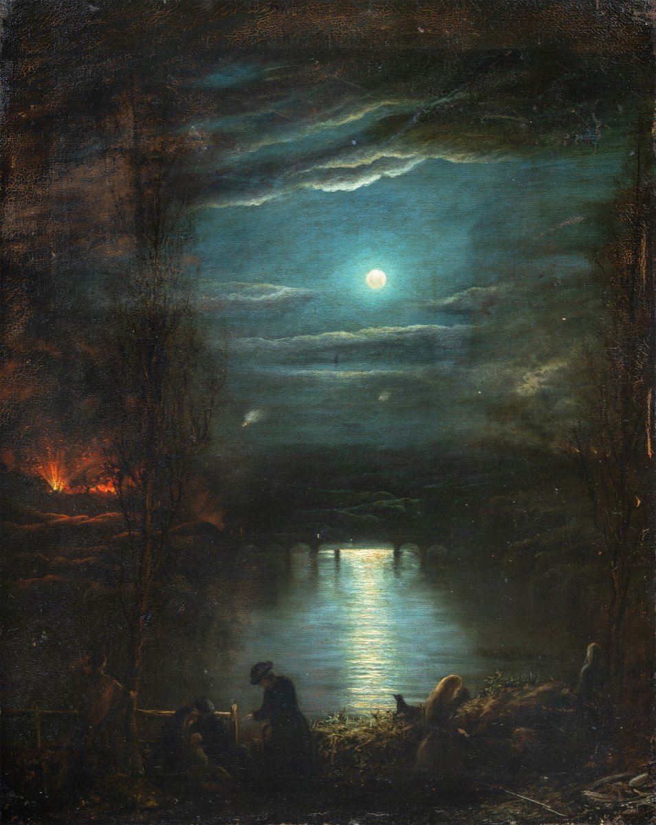 Italian Painter (early 19th Century) - Moonlight Landscape With Fire.