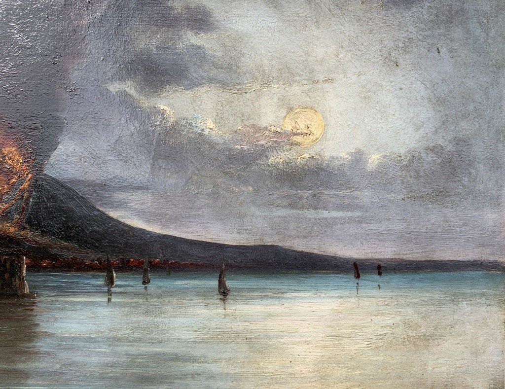 Peintre Italien (19ème Siècle) - Golfe De Naples Avec éruption Du Vésuve.-photo-4