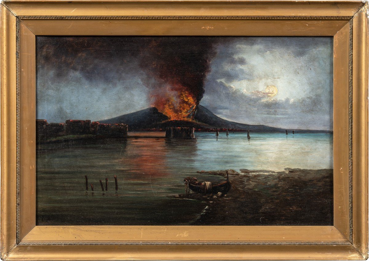 Peintre Italien (19ème Siècle) - Golfe De Naples Avec éruption Du Vésuve.