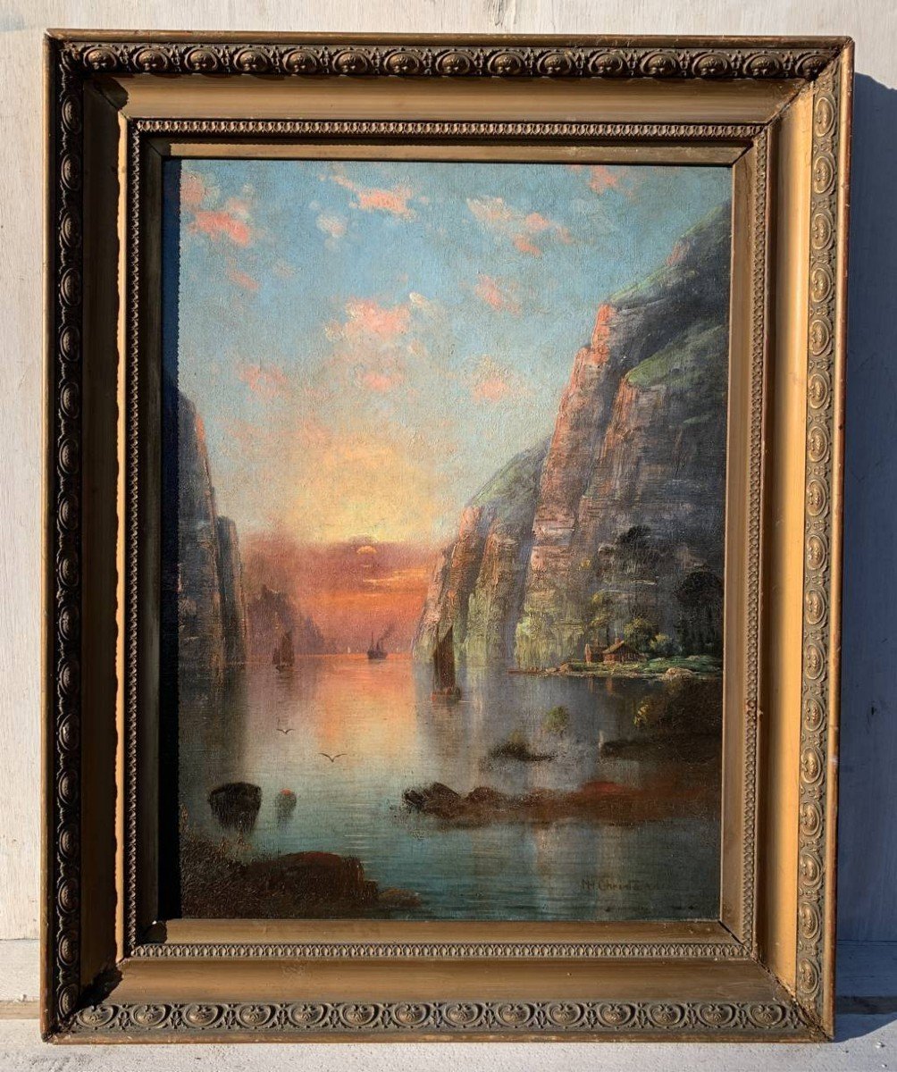 Nils Hans Christiansen (danois, 1850 - 1922) - Golfe Au Coucher Du Soleil.-photo-2