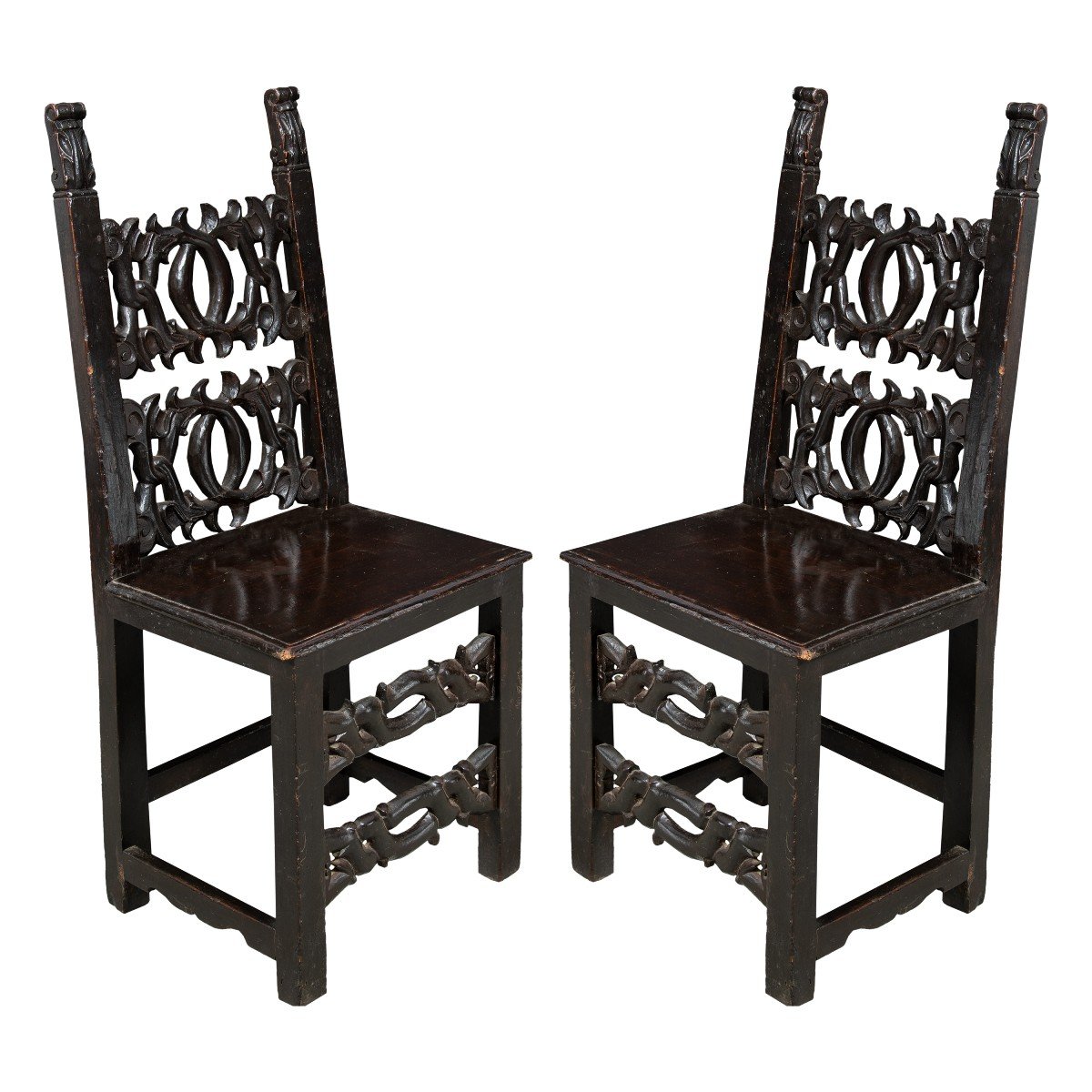 Pair Of Carved Wooden Refectory Chairs. Modena, 19th Century.-photo-2