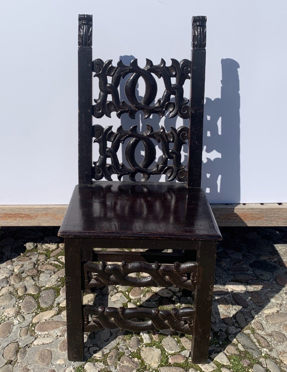 Pair Of Carved Wooden Refectory Chairs. Modena, 19th Century.-photo-3