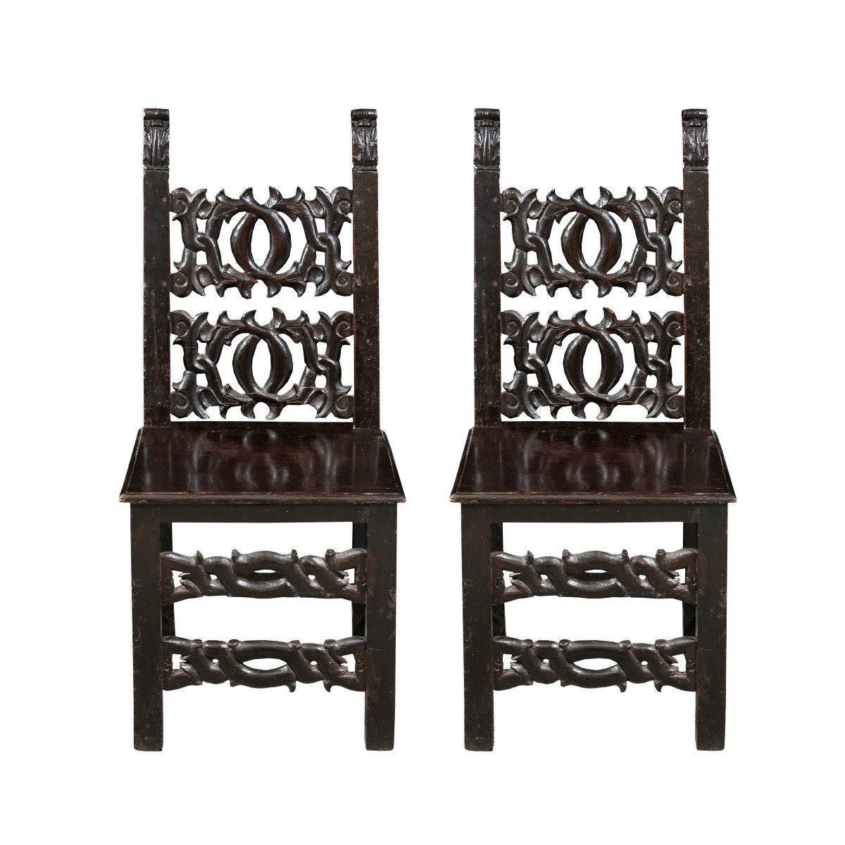Pair Of Carved Wooden Refectory Chairs. Modena, 19th Century.